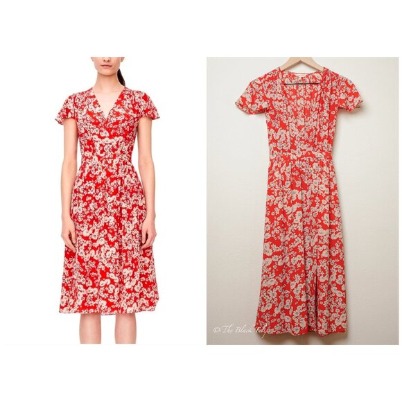 Women's REBECCA TAYLOR Dress Sz 0 (XS) Silk Wrap Red Floral Feminine Knee Length - Picture 1 of 12